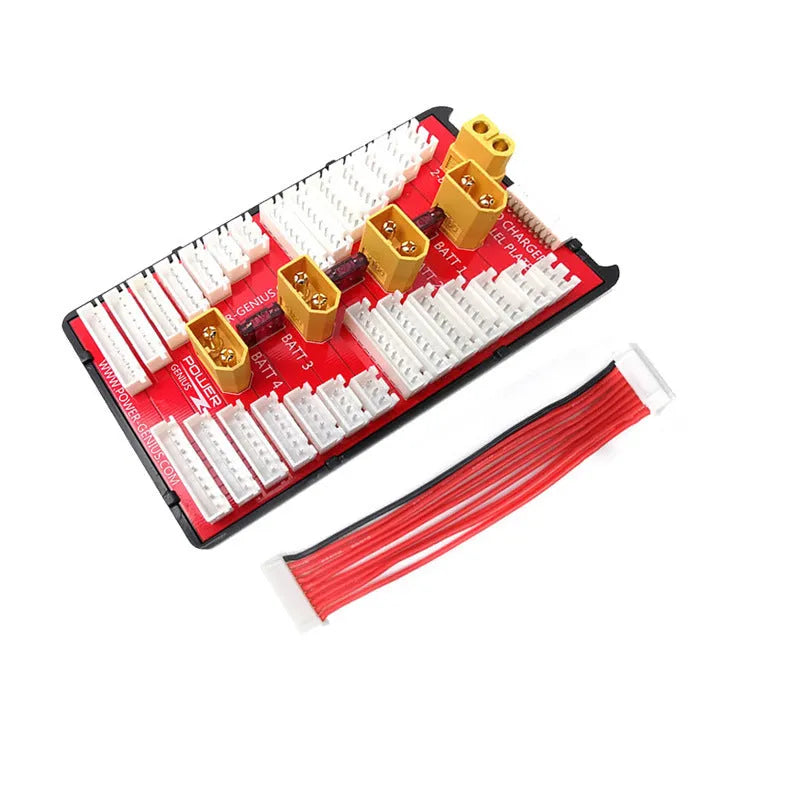 Red V2 parallel charge board with gold plated connectors and silicone caps for 4 sets of 2-8S LiPo batteries