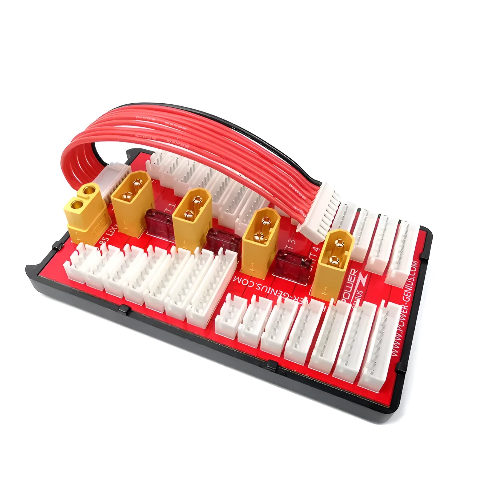 Red V2 parallel charge board with gold plated connectors and silicone caps for 4 sets of 2-8S LiPo batteries