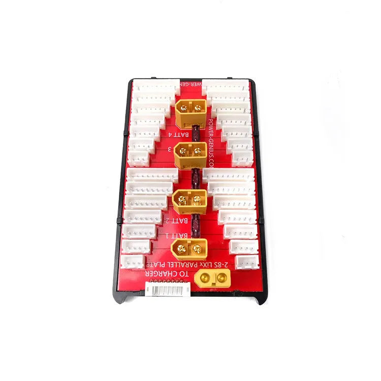 Red V2 parallel charge board with gold plated connectors and silicone caps for 4 sets of 2-8S LiPo batteries