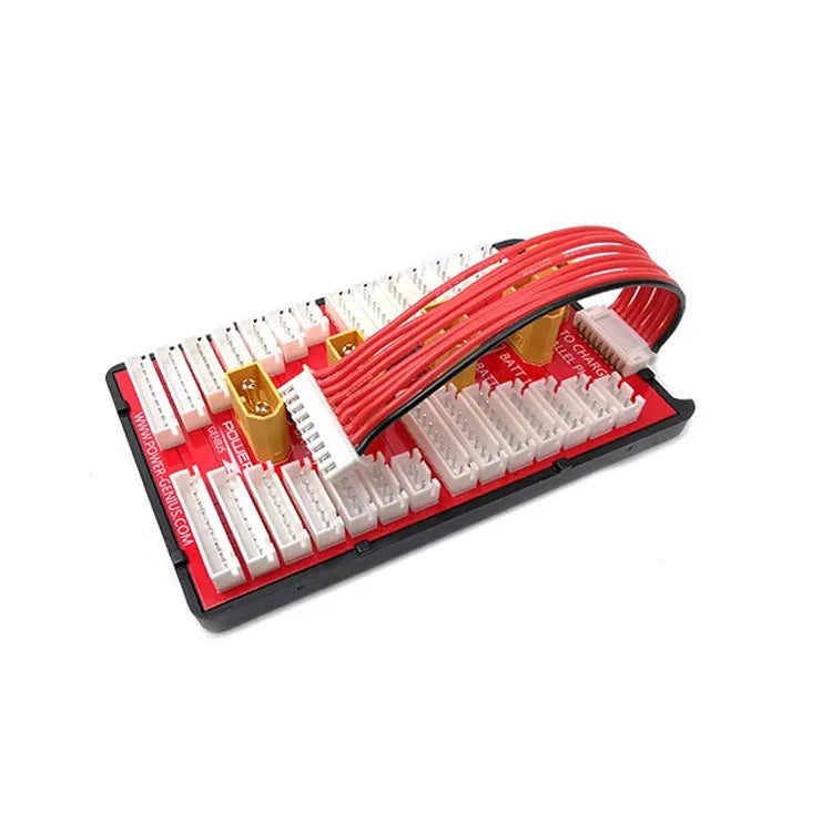 Red V2 parallel charge board with gold plated connectors and silicone caps for 4 sets of 2-8S LiPo batteries
