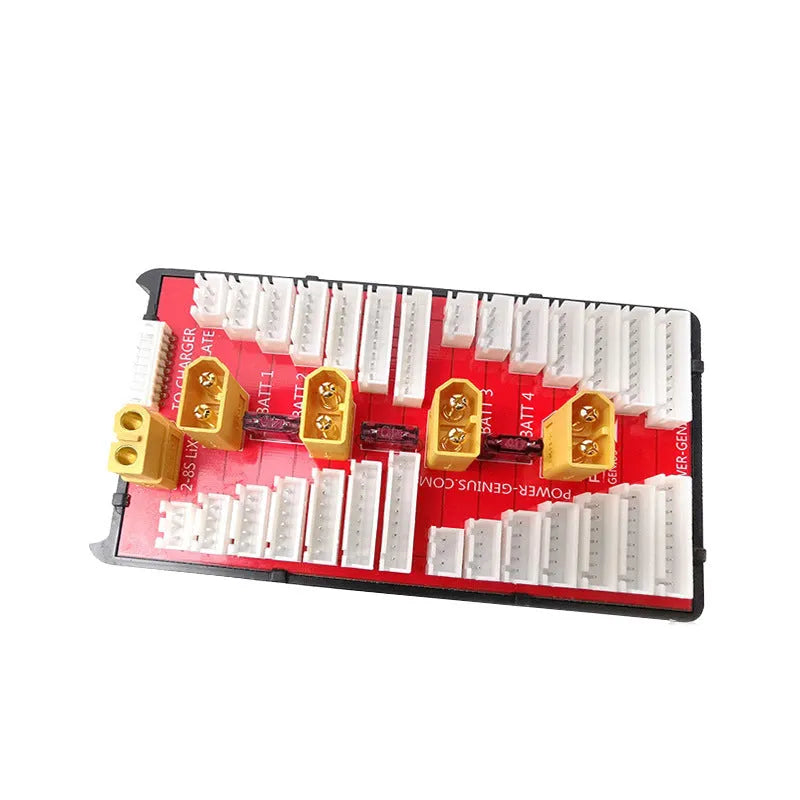 Red V2 parallel charge board with gold plated connectors and silicone caps for 4 sets of 2-8S LiPo batteries