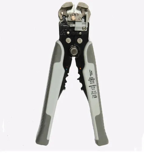 Yellow automatic wire stripper crimper cutter multitool with adjustment screw