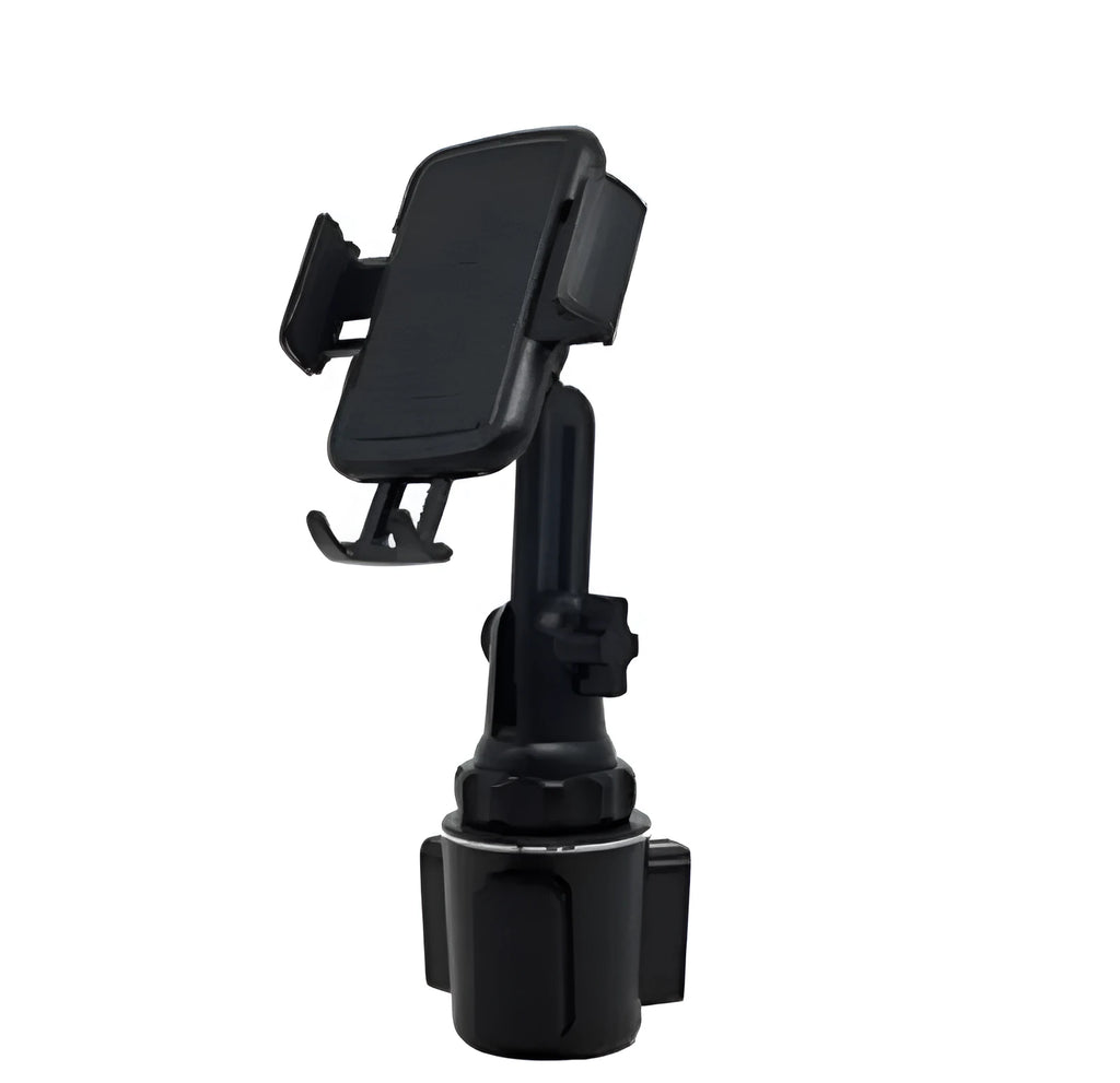 Black ABS car phone holder mounted on a dashboard, showing adjustable angle and height.