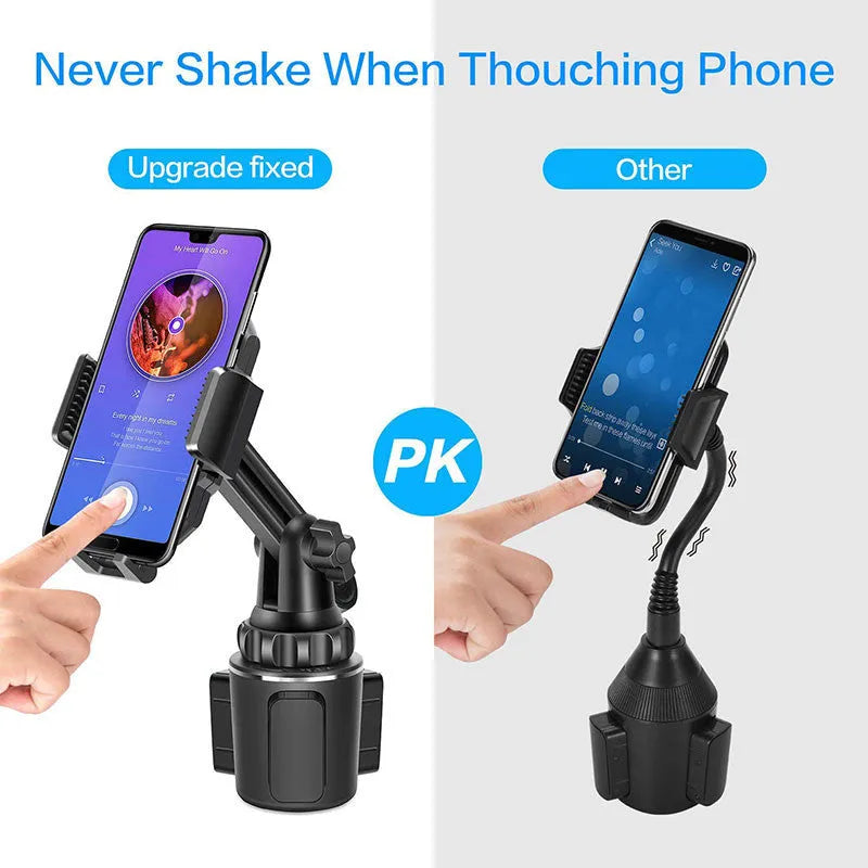 Black ABS car phone holder mounted on a dashboard, showing adjustable angle and height.