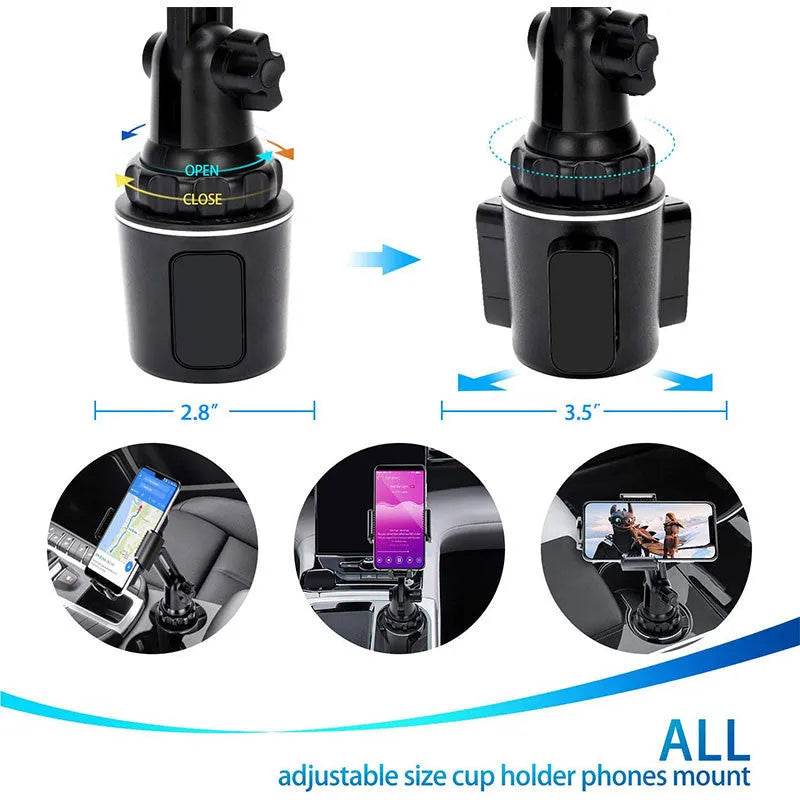 Black ABS car phone holder mounted on a dashboard, showing adjustable angle and height.