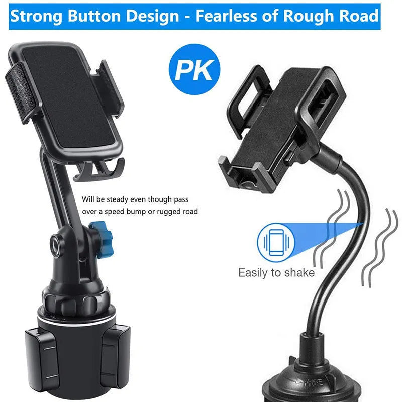 Black ABS car phone holder mounted on a dashboard, showing adjustable angle and height.