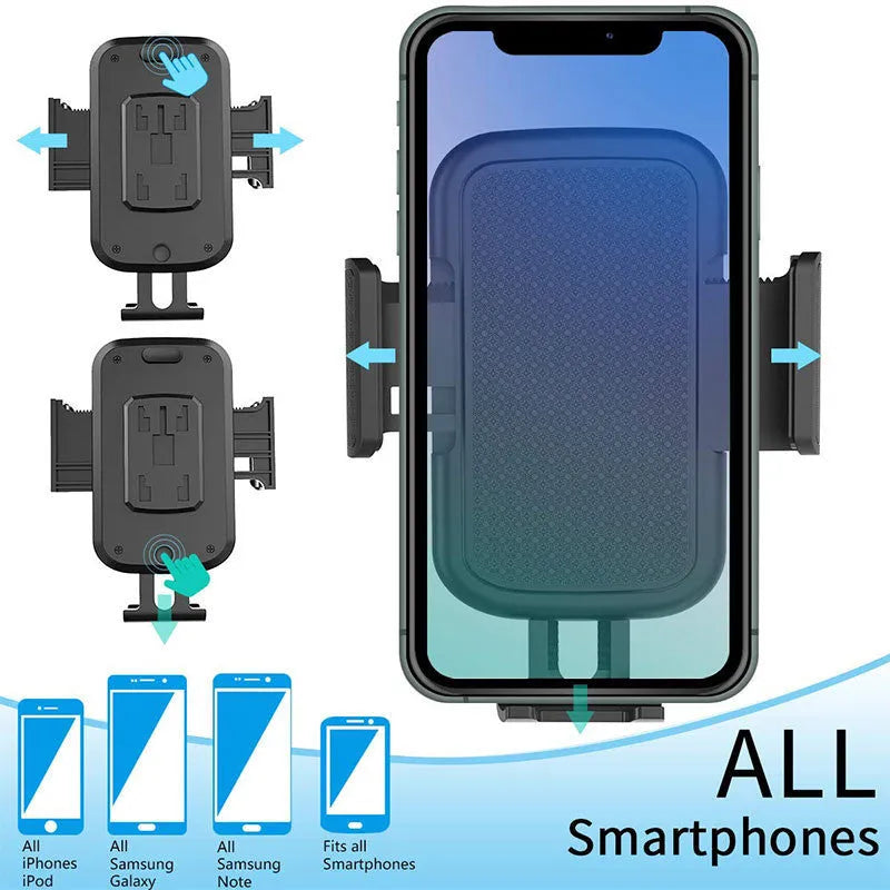 Black ABS car phone holder mounted on a dashboard, showing adjustable angle and height.