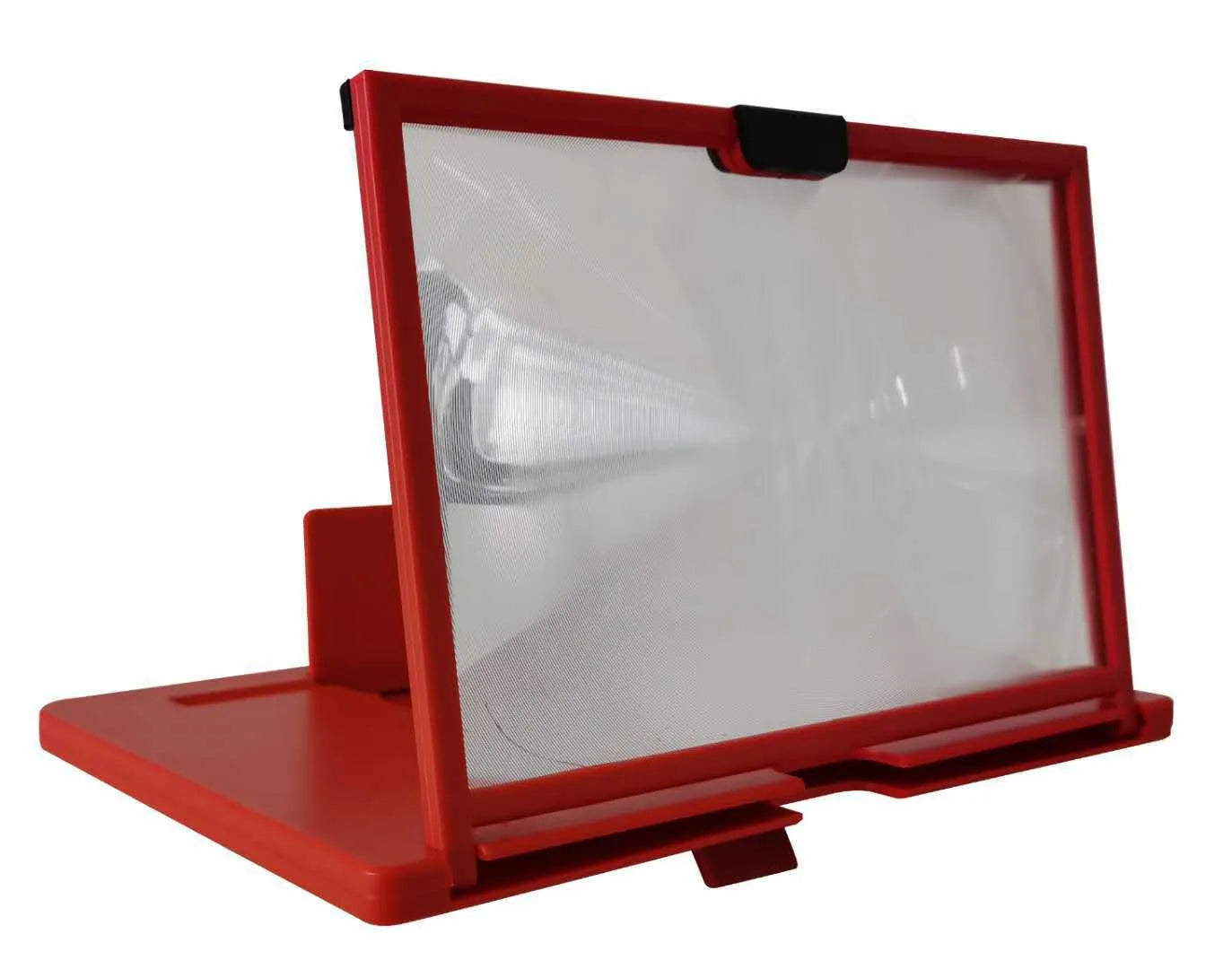 Black desktop mobile phone holder with magnifying glass enlarging a phone screen on a wooden table.