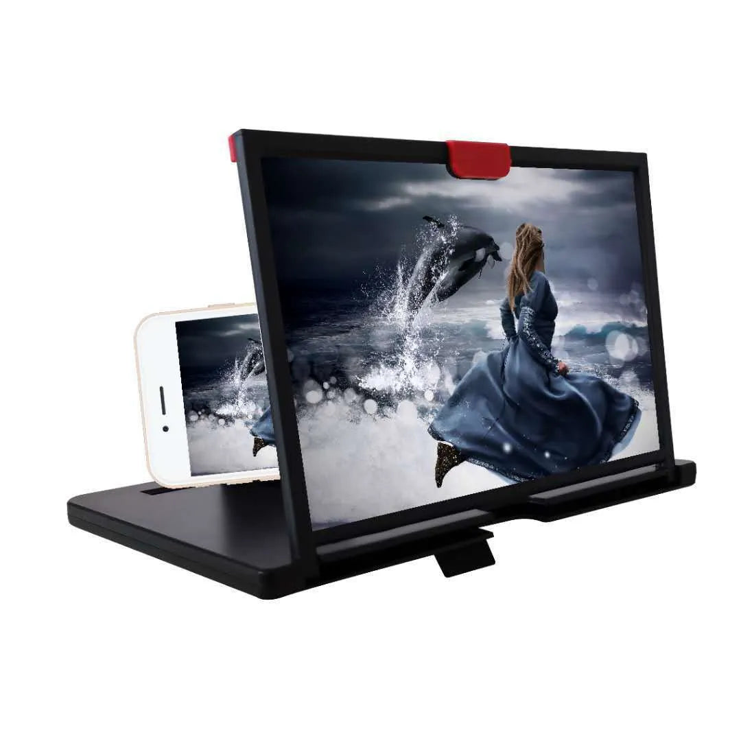 Black desktop mobile phone holder with magnifying glass enlarging a phone screen on a wooden table.