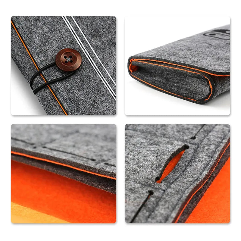 Black felt pouch for Nintendo Switch console with a carrying handle and game card slots