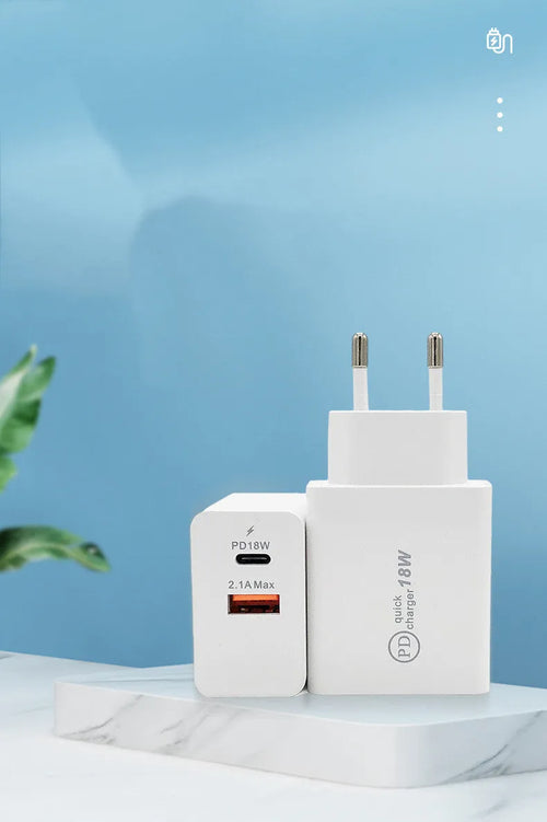 Black 18W USB-C PD fast charger with US plug for smartphone charging