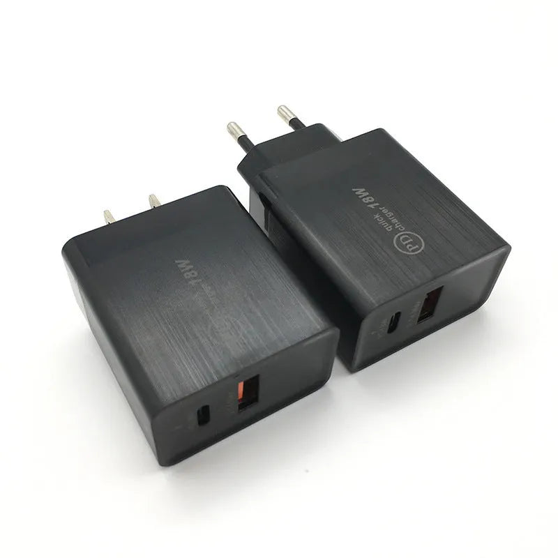 Black 18W USB-C PD fast charger with US plug for smartphone charging