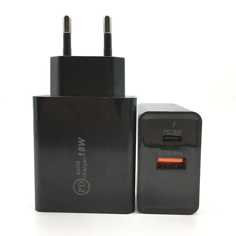 Black 18W USB-C PD fast charger with US plug for smartphone charging