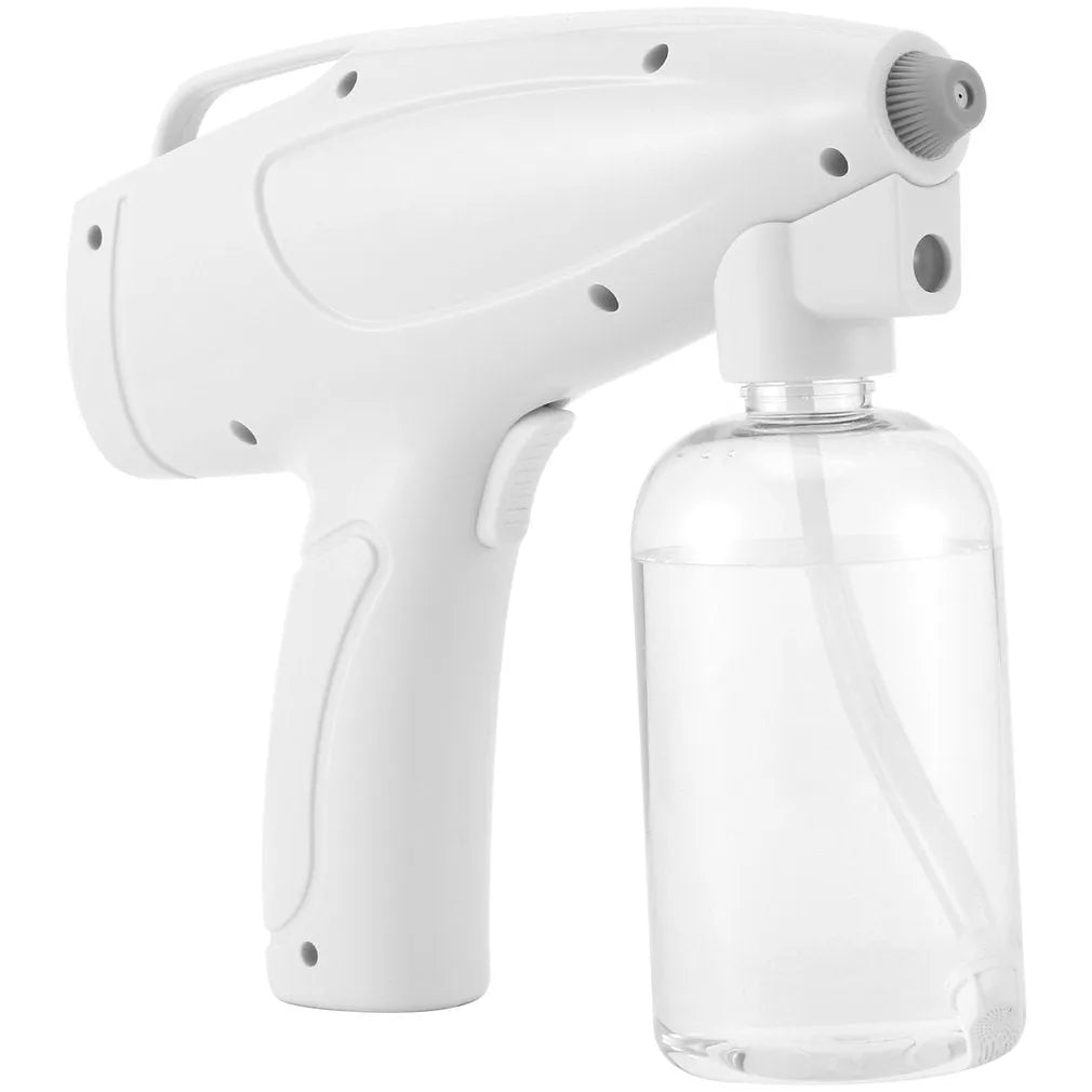 White handheld cordless electric spray gun with USB-C charging port on display