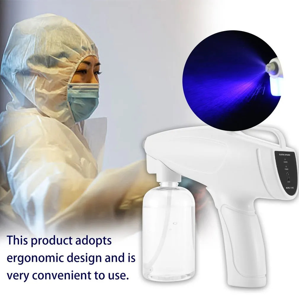 White handheld cordless electric spray gun with USB-C charging port on display