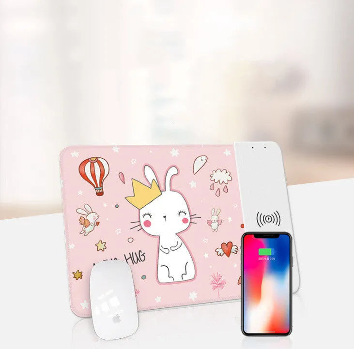 Wireless charging mouse pad with RGB lighting and cartoon design on cloth surface