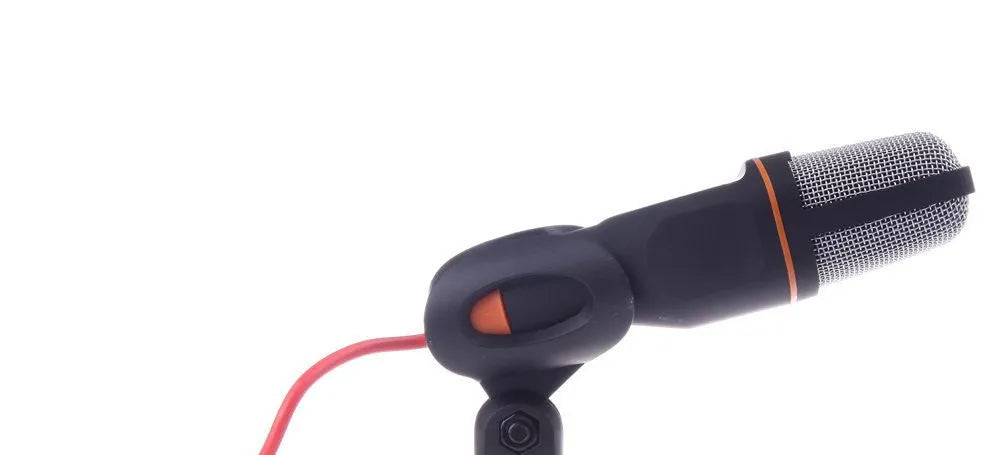 Black wired desktop microphone with clip holder showing 13.3cm height and 1.85m cable