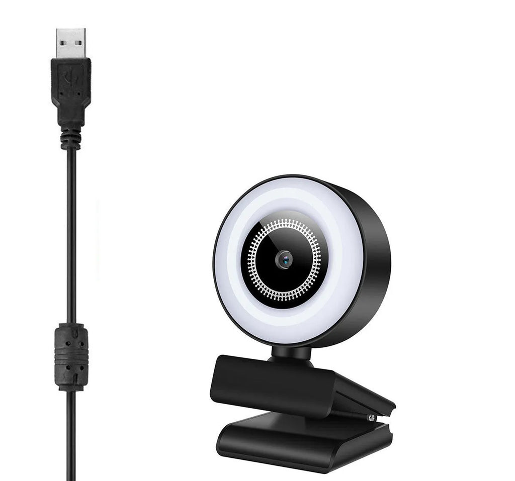 USB computer webcam with built-in LED ring light and microphone for streaming and video calls.