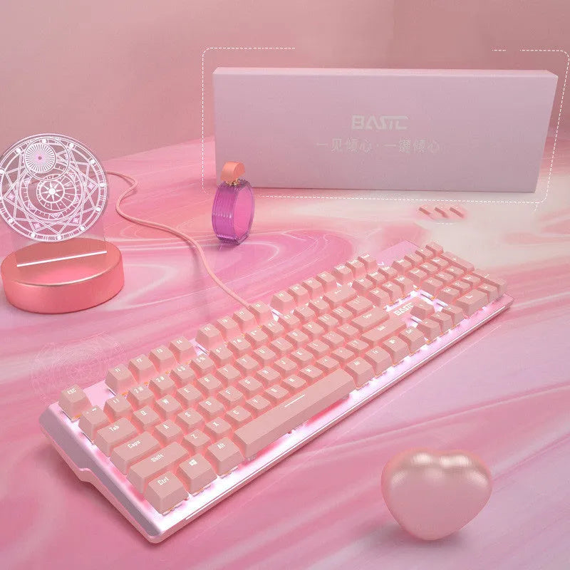 Pink mechanical gaming keyboard and matching wired mouse set with green axis switches