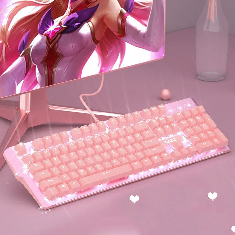 Pink mechanical gaming keyboard and matching wired mouse set with green axis switches