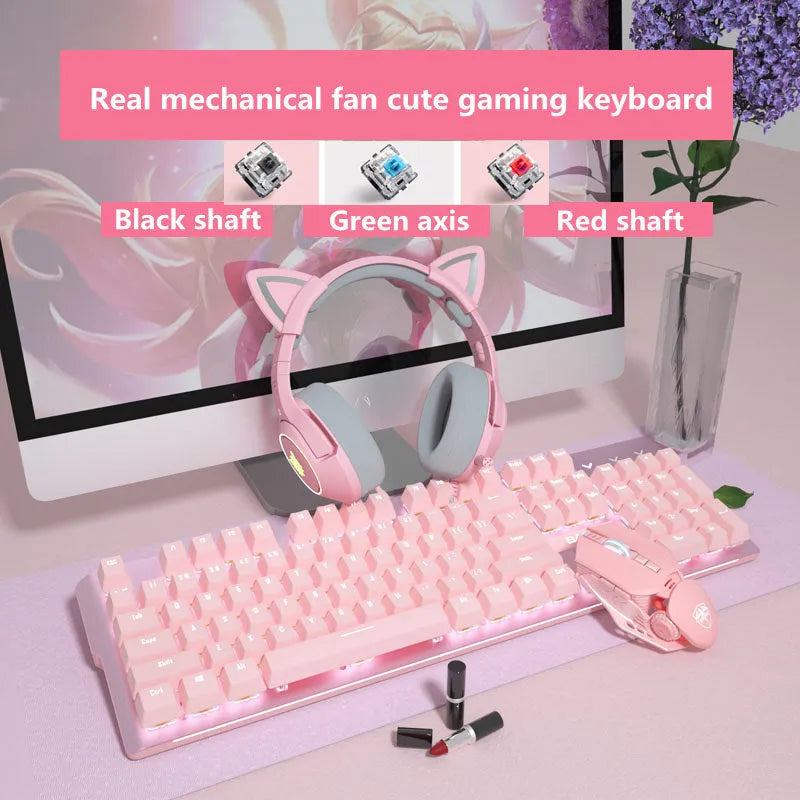 Pink mechanical gaming keyboard and matching wired mouse set with green axis switches