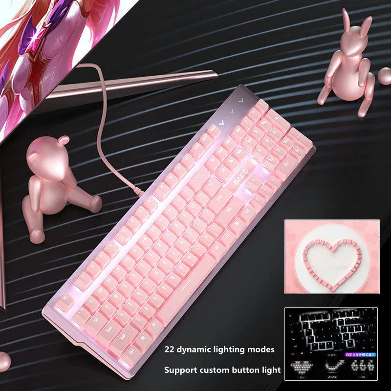 Pink mechanical gaming keyboard and matching wired mouse set with green axis switches