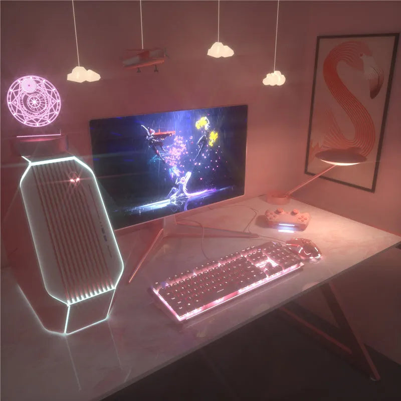 Pink mechanical gaming keyboard and matching wired mouse set with green axis switches