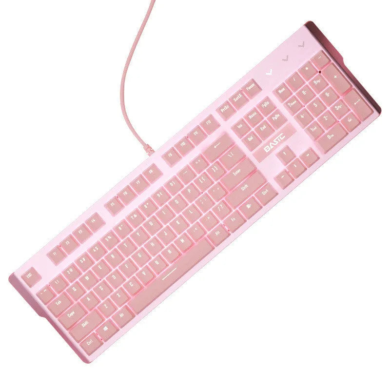 Pink mechanical gaming keyboard and matching wired mouse set with green axis switches