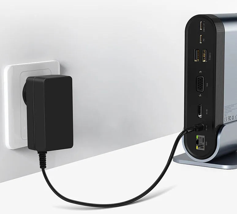 Deep space grey 16-in-1 Type-C docking station with external power supply on workstation desk