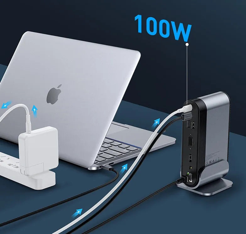 Deep space grey 16-in-1 Type-C docking station with external power supply on workstation desk