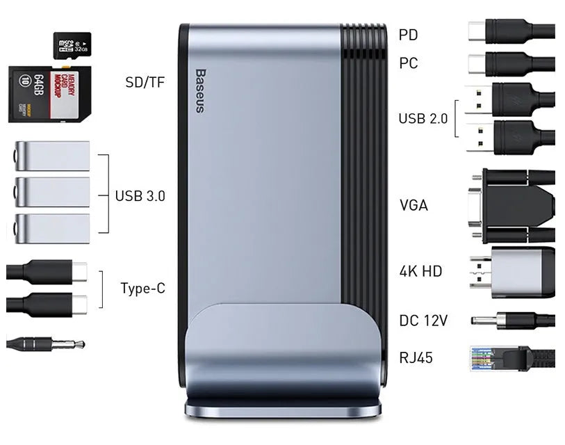 Deep space grey 16-in-1 Type-C docking station with external power supply on workstation desk