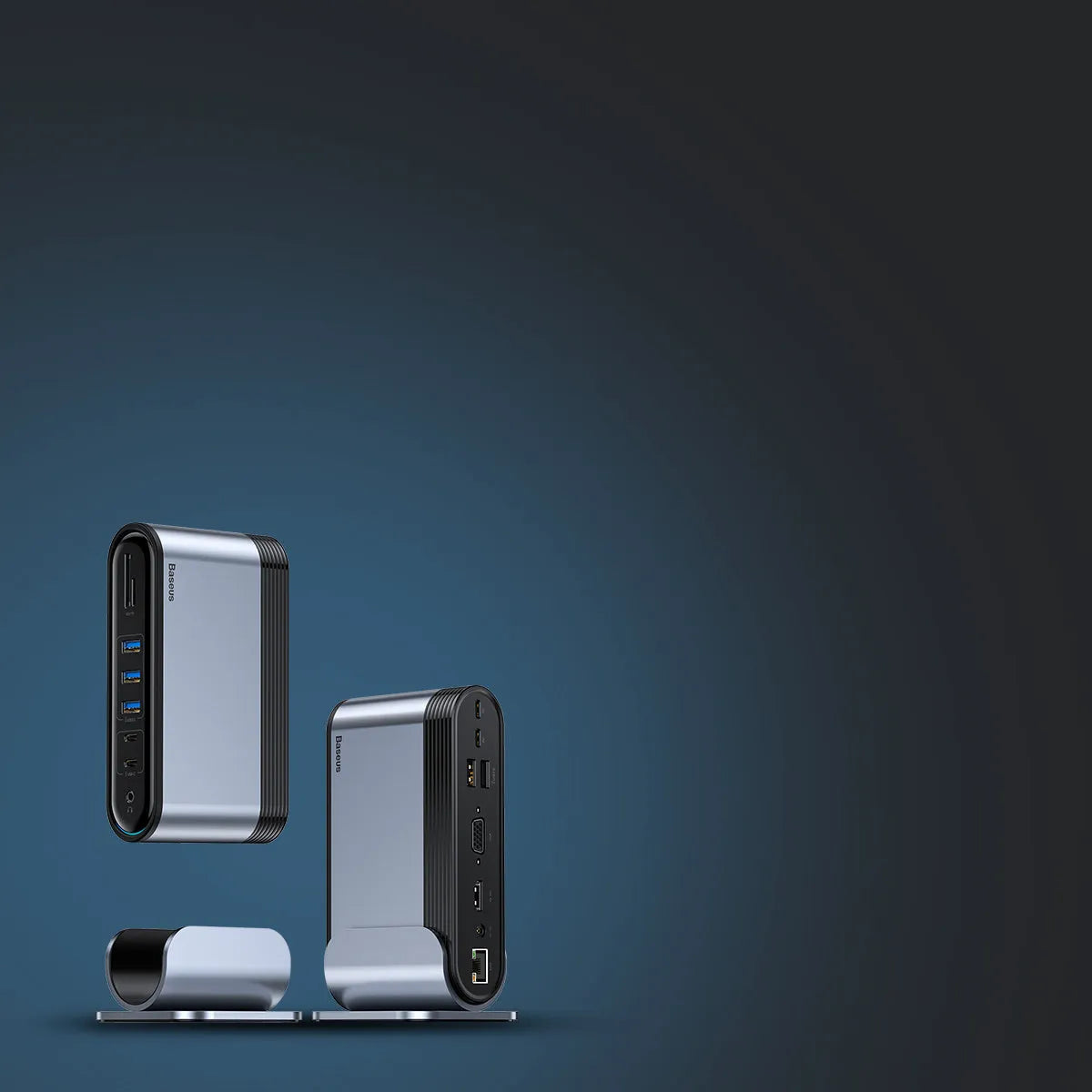 Deep space grey 16-in-1 Type-C docking station with external power supply on workstation desk