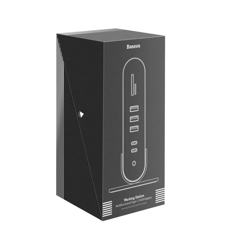 Deep space grey 16-in-1 Type-C docking station with external power supply on workstation desk