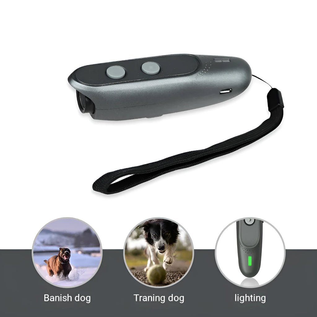 Black handheld ultrasonic dog bark deterrent with hanging string, 300 mAh rechargeable battery, 20–25KHZ frequency, and 10m range.