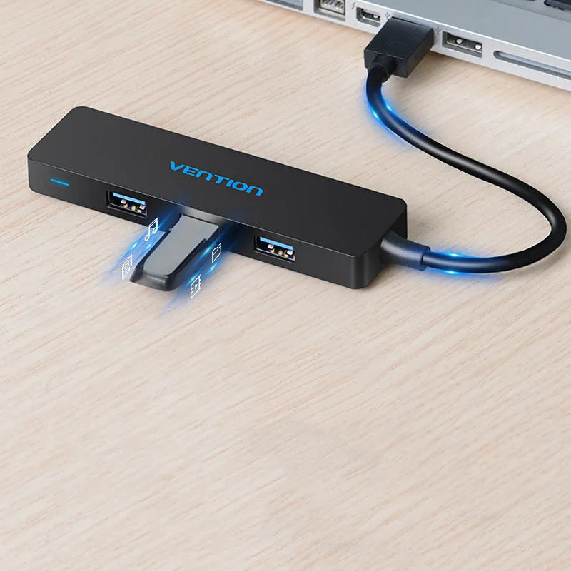 Black USB 3.0 hub with four ports and 0.15 metre cable