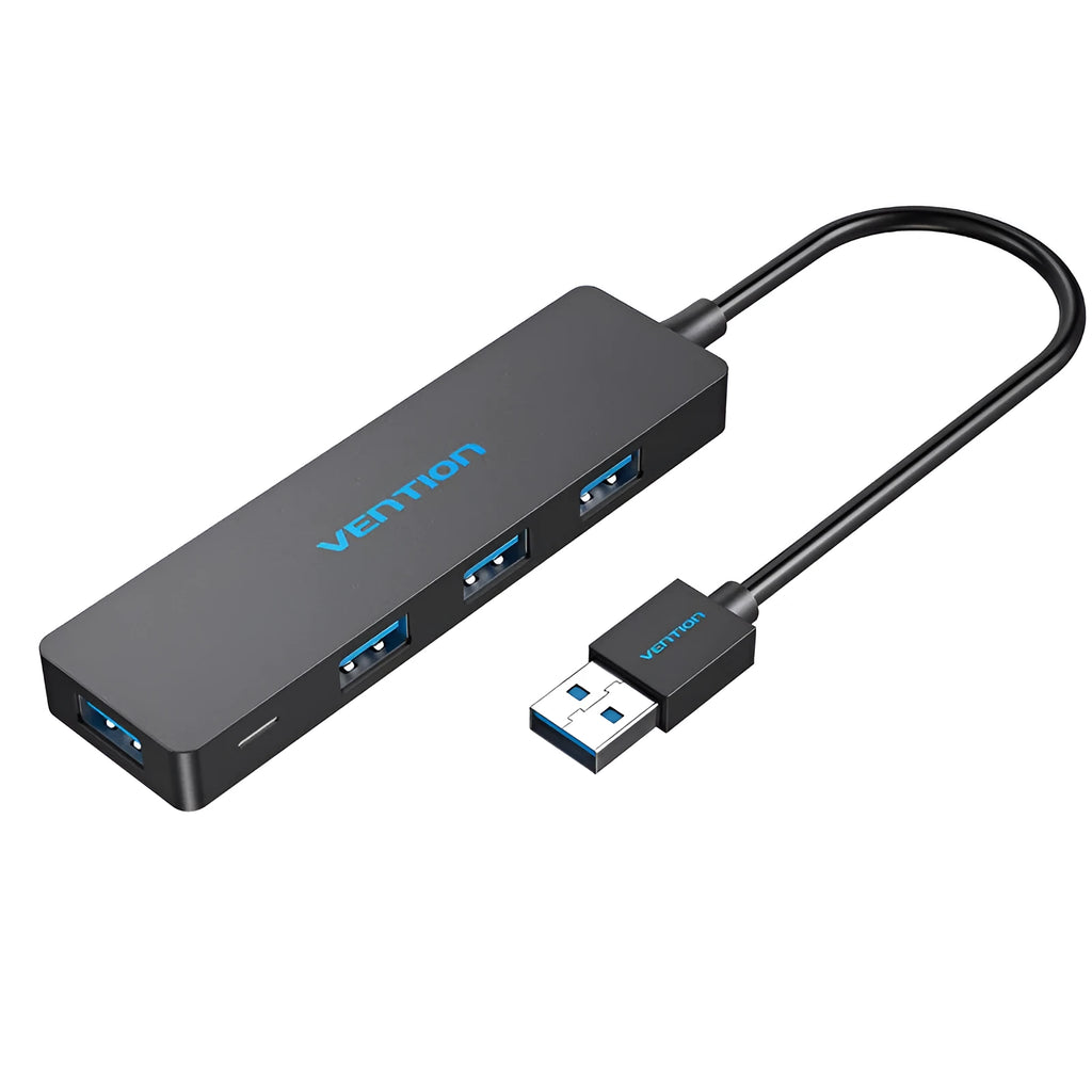 Black USB 3.0 hub with four ports and 0.15 metre cable