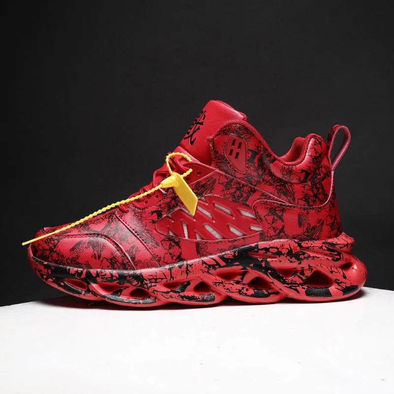 Men's camouflage pattern high-top basketball shoes in black, green, red, and white colours.
