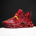 Men's camouflage pattern high-top basketball shoes in black, green, red, and white colours.