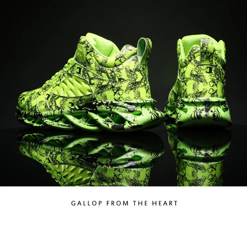 Men's camouflage pattern high-top basketball shoes in black, green, red, and white colours.