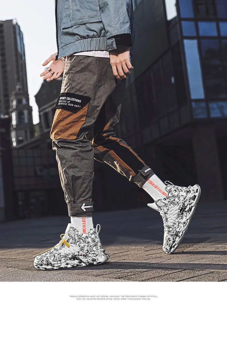 Men's camouflage pattern high-top basketball shoes in black, green, red, and white colours.