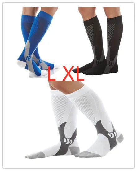 Graduated compression socks for men and women in black, blue, orange, pink, and white colour options