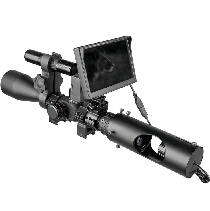 Black digital night vision goggles with 5 inch LCD screen and infrared transmitter