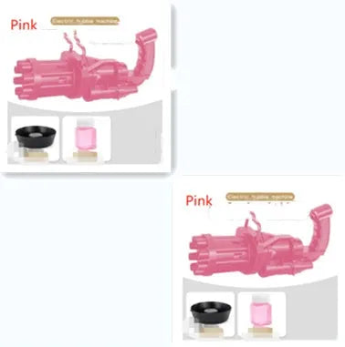 Child holding a pink, gold, or black ABS plastic bubble machine gun toy blowing bubbles.
