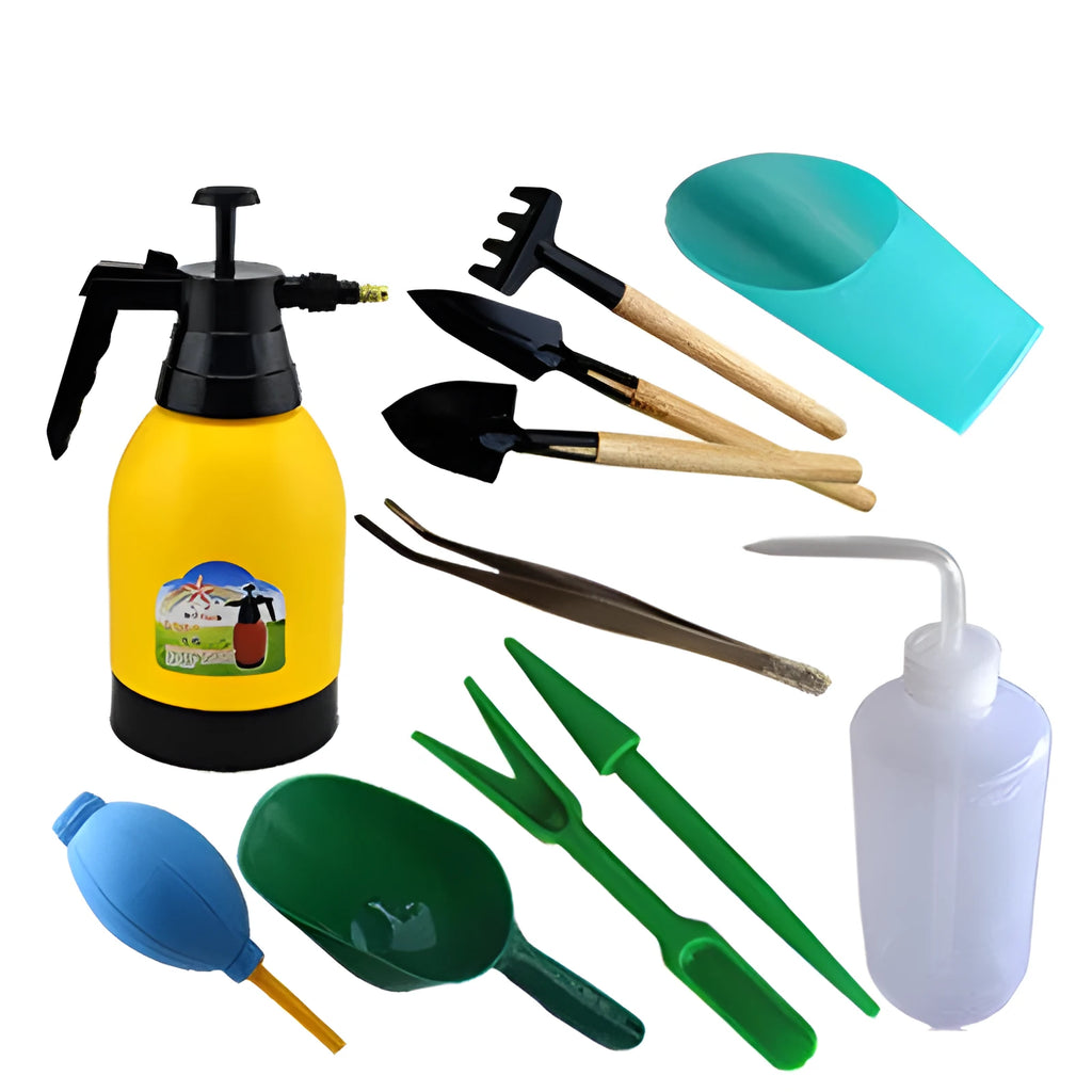 Succulent gardening tools set with tweezers, duster, shovel, spray bottle and planting accessories