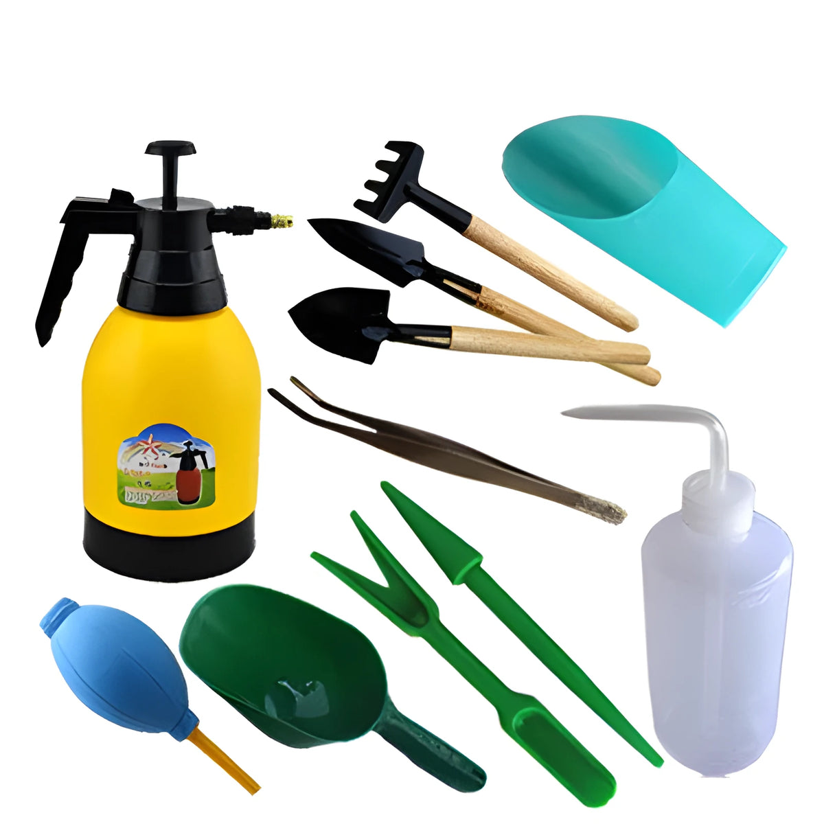Succulent gardening tools set with tweezers, duster, shovel, spray bottle and planting accessories