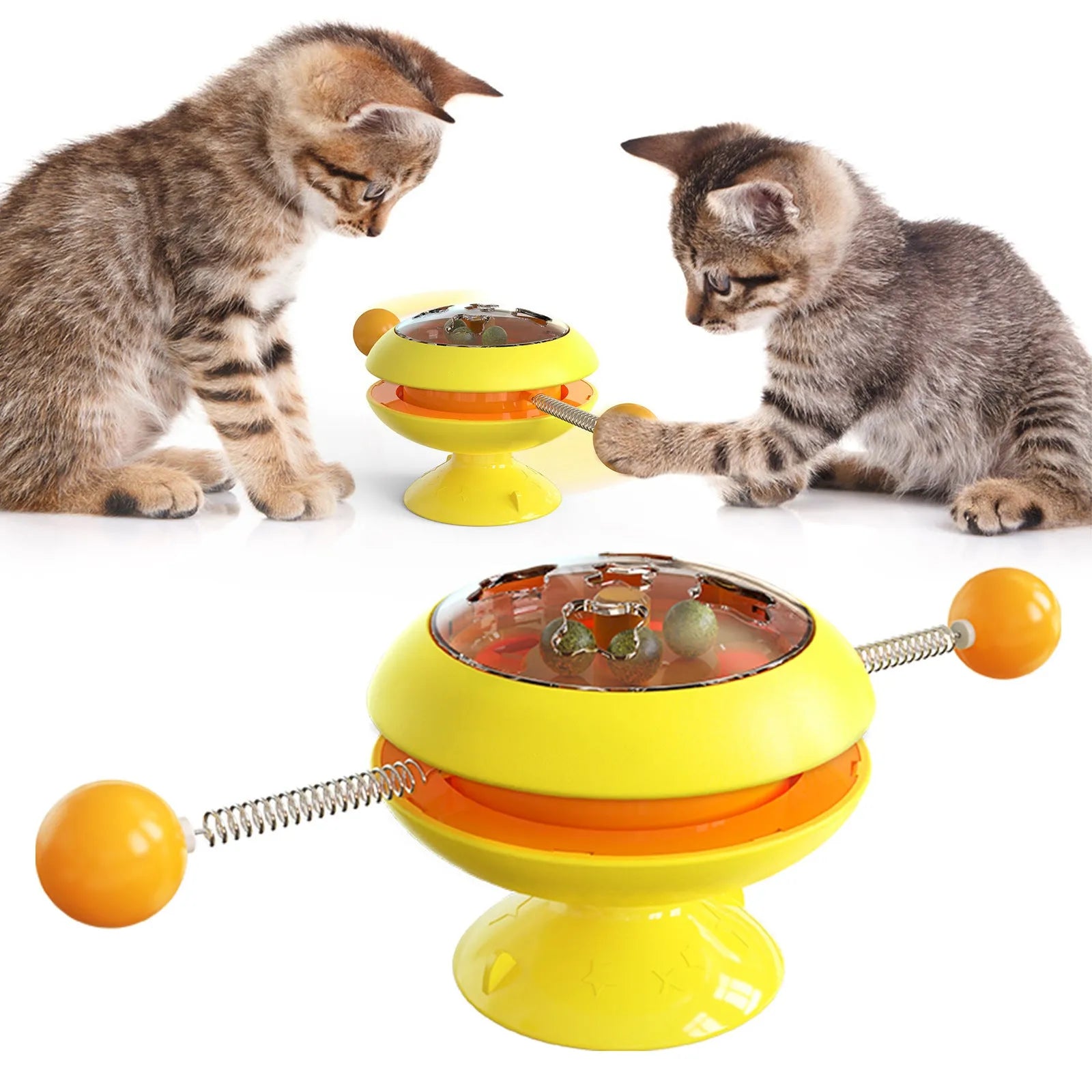 Rotatable plastic cat toy with catnip balls in a transparent top and a large suction cup base, shown in lake blue.