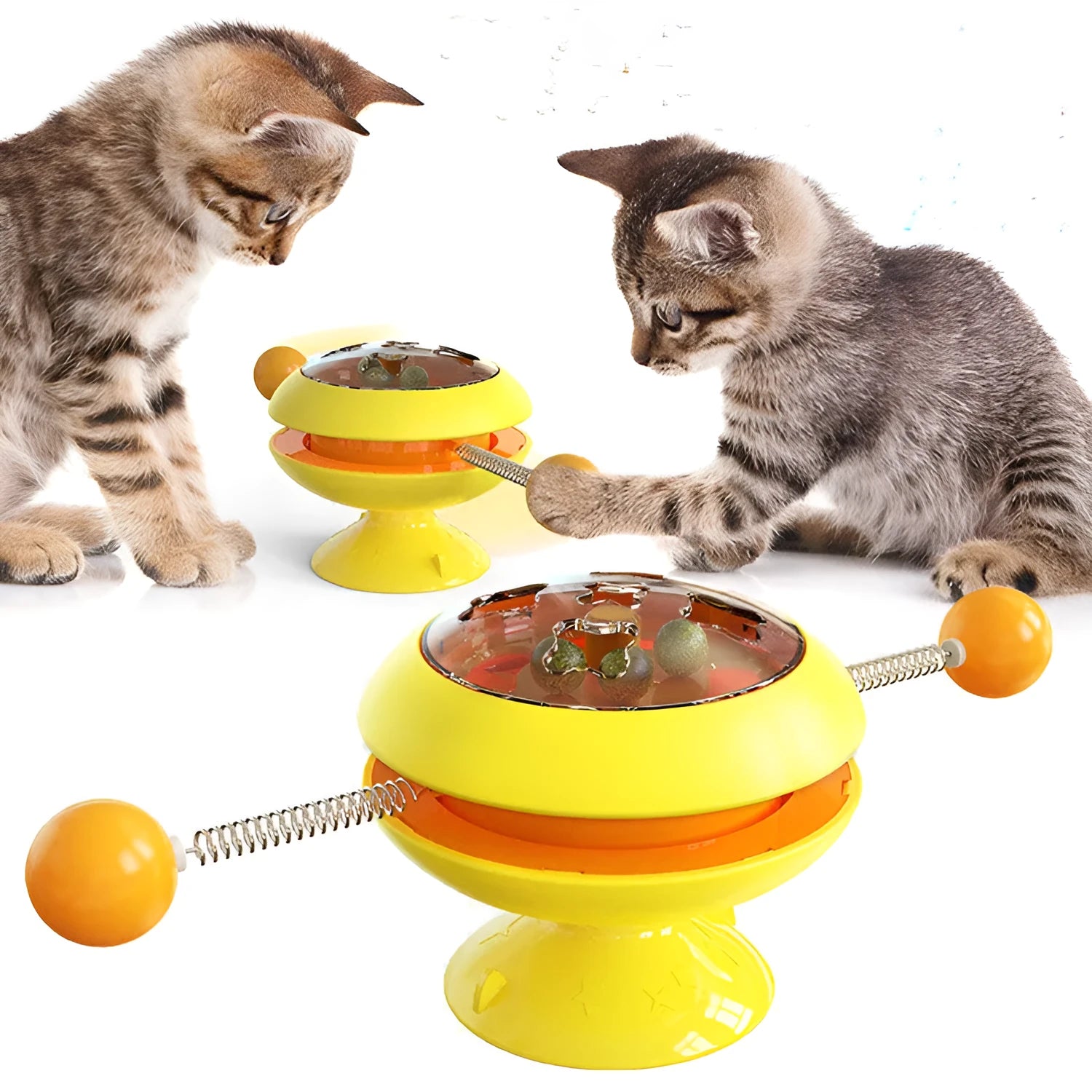 Rotatable plastic cat toy with catnip balls in a transparent top and a large suction cup base, shown in lake blue.