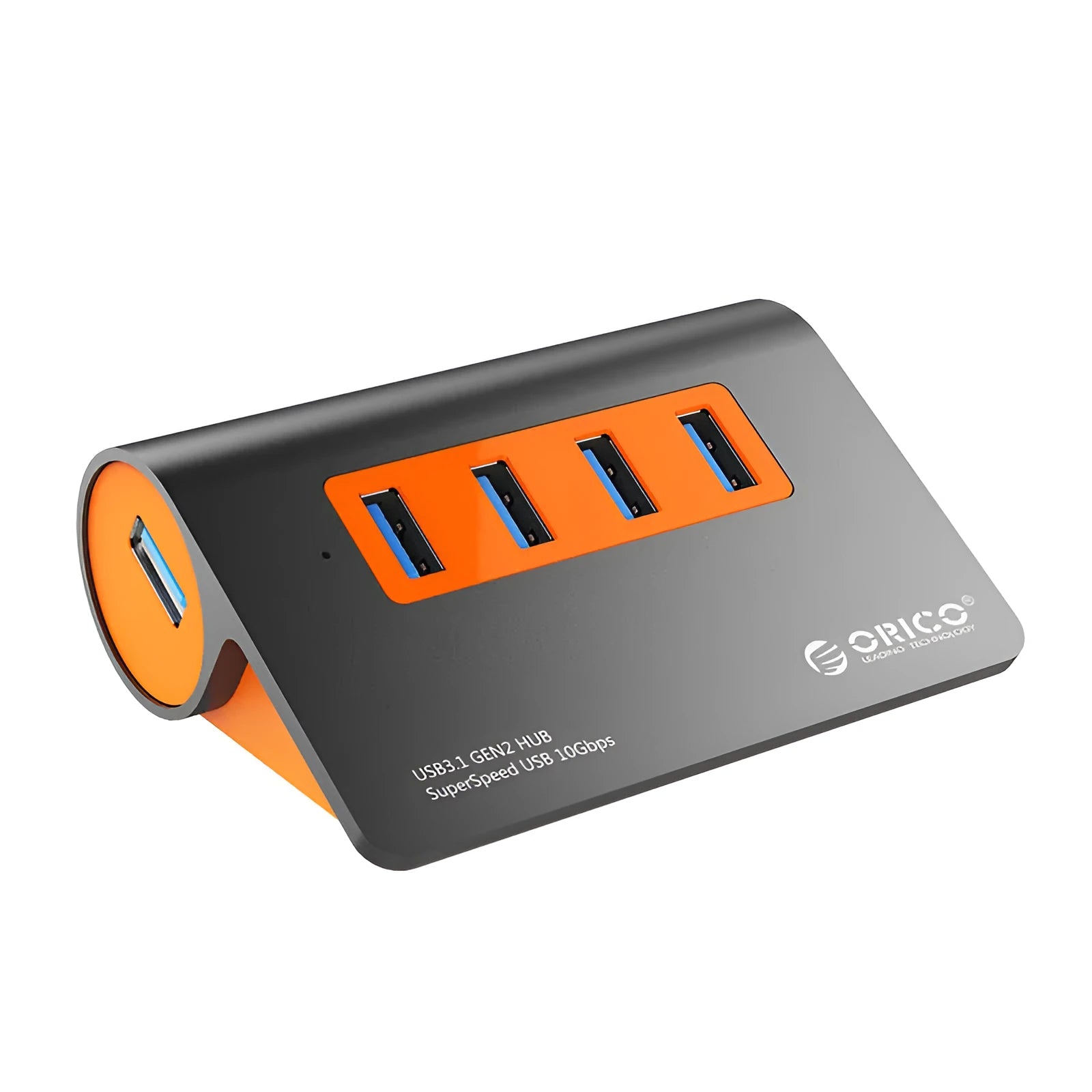 Dark grey and orange aluminium USB hub with 4 ports, separate power unit, and 100cm cable