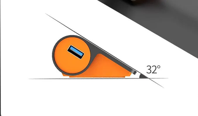 Dark grey and orange aluminium USB hub with 4 ports, separate power unit, and 100cm cable