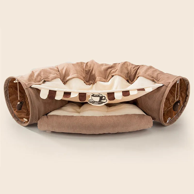 Collapsible cloth cat tunnel in Bar colour, showing dimensions of 45cm by 50cm by 22cm.